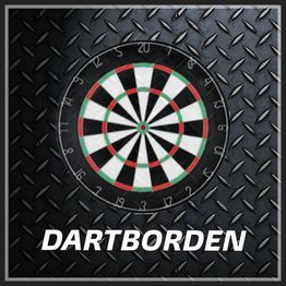 Rond dartbord op geribbeld metalen oppervlak, met tekst "DARTBORDEN" eronder.