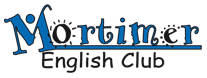 Logo mit Schriftzug "Mortimer English Club" in blauer und schwarzer Farbe.