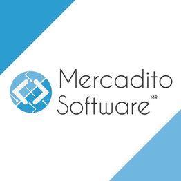 Logotipo de Mercadito Software en fondo azul y blanco con un icono circular azul.