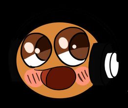 Niedliches, lachendes Emoji mit großen Augen und Kopfhörern auf schwarzem Hintergrund.