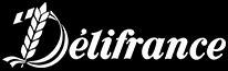 Logo van Délifrance met gestileerde graanhalm in witte tekst op zwarte achtergrond.