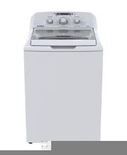 Lavadora blanca de carga superior con panel de controles y tapa de vidrio transparente.