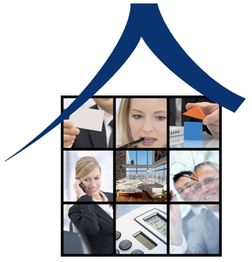 Geschäftsbilder im Hausformat mit Menschen, Grafik, Hausdach-Symbol oben.
