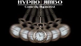 A swinging pocket watch beneath "HYPNO JIMBO Comedy Hypnotist" text on a black background.