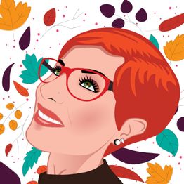 Illustration d'une femme rousse souriante portant des lunettes rouges, avec des feuilles colorées autour.