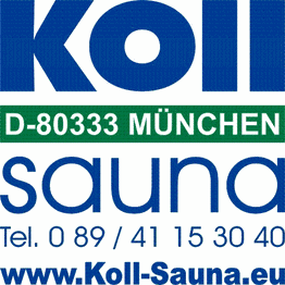 Koll Sauna Logo mit Münchner Adresse und Telefonnummer. Webseite: www.Koll-Sauna.eu.
