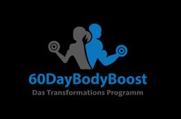 Logo: Silhouetten trainierender Personen mit Hanteln. Text: "60DayBodyBoost - Das Transformations Programm".