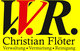 Gelbes Logo mit den Buchstaben "VVR" und Text "Christian Flöter, Verwaltung, Vermietung, Reinigung".