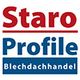 Textlogo "Staro Profile Blechdachhandel" in Rot und Blau auf weißem Hintergrund.
