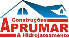 Logotipo com casa azul, texto "Construções Aprumar & Hidrojateamento" em vermelho.