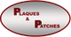 Logo with "Plaques & Patches" in red text on a grey oval background.