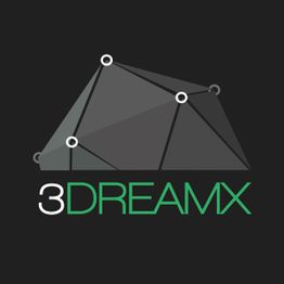 Logo 3D con texto "3DREAMX" en verde sobre fondo negro, diseño geométrico en gris.