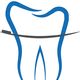Abstract tooth design with blue outline and black dental floss across it.
