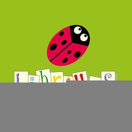Mariquita sobre fondo verde con letras coloridas parcialmente visibles debajo.