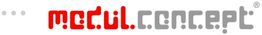 Logo mit der Aufschrift "medul.concept" in einer modernen Schriftart, rot und grau gehalten.