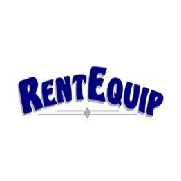 "RentEquip logo in bold blue letters above a horizontal line with a diamond shape."