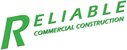 Text "Reliable Commercial Construction" in green with a large tilted "R" in the logo.
