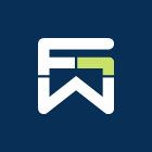 Blaues Quadrat mit weißem stilisiertem "FW"-Logo und grünem Akzent oben rechts.