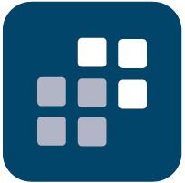 Abstraktes Logo mit sieben Quadraten auf blauem Hintergrund, drei sind weiß, vier grau.