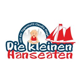 Logo: "Die kleinen Hanseaten" mit Baby und rotem Segelschiff, Text: "mit der Tagesmutti Claudia Ploge".