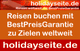 Reisen buchen mit BestPreisGarantie weltweit bei holidayseite.de, roter Hintergrund mit Text.