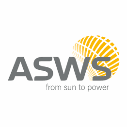 Logo mit "ASWS" und Slogan "from sun to power", Sonne im Hintergrund.