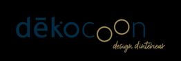 Logo Dékocoon, design d'intérieur, fond noir, texte bleu et doré.