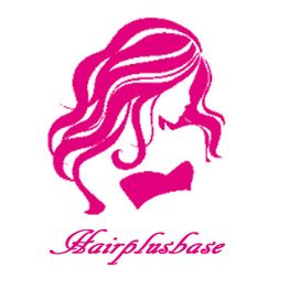 Silhouette of a woman with flowing hair and "Hairplusbase" text in pink.