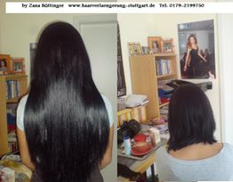 Zwei Fotos einer Frau von hinten: links mit langen, glatten Haaren, rechts mit kürzeren Haaren.