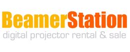 Logo mit Text "BeamerStation" in Orange und "digital projector rental & sale" in Grau.
