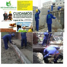 Trabalhadores da construção civil em obra com cartaz da empresa KG Construções e serviços oferecidos.