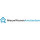 Logo van NieuwWonenAmsterdam met silhouet van een huis en vergrootglas in blauw en zwarte tekst.