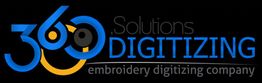 "Logo reading '360 Solutions Digitizing - embroidery digitizing company' on a black background."