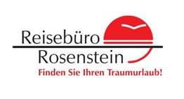 Reisebüro Rosenstein Logo mit rotem Kreis und Möwe. Text: "Finden Sie Ihren Traumurlaub!"
