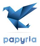 Origami de ave azul sobre texto "papyria".