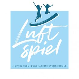 Blaues Logo mit dem Wort "Luftspiel", zwei Silhouetten springen oben. Hüpfburgen, Dekoration, Eventmodule.