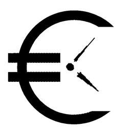 Eurozeichen mit Zeigern einer Uhr innen, die auf 12 Uhr zeigen.