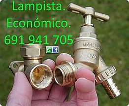 Manos sosteniendo accesorios de fontanería; texto: "Lampista. Económico. 691 941 705".