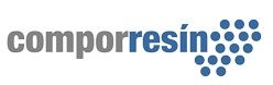 Logo de comporresín con texto gris y azul, acompañado de un diseño de círculos azules a la derecha.