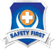 "Safety First" shield with a cross on an orange circle over a blue and white swoosh design.