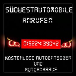 Autotext mit roten Scheinwerfern, Telefonnummer und Angeboten zur kostenlosen Autoversorgung.