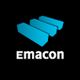 Logo mit drei blauen Balken und dem Schriftzug "Emacon" auf schwarzem Hintergrund.