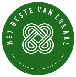 Groen logo met witte tekst "Het Beste van Lokaal" en een abstract, wit symbool in het midden.