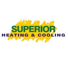 Superior Heating & Cooling logo with yellow and green text on a yellow abstract background.