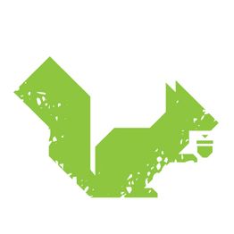 Grünes geometrisches Eichhörnchen-Logo in stilisierter Form auf weißem Hintergrund.