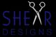 Logo with scissors forming the letter A in "SHEAR DESIGNS" on a black background.