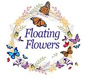 Circular design with colorful butterflies and "Floating Flowers" text in the center.