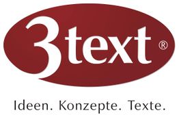 Rotes Logo mit der Aufschrift "3text". Darunter "Ideen. Konzepte. Texte."