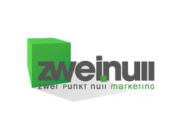 Grünes Quadrat und Text "zwei null, zwei punkt null marketing" in Grau und Grün.