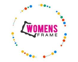Logo with "Womens Frame" text inside a colorful, dotted circle.